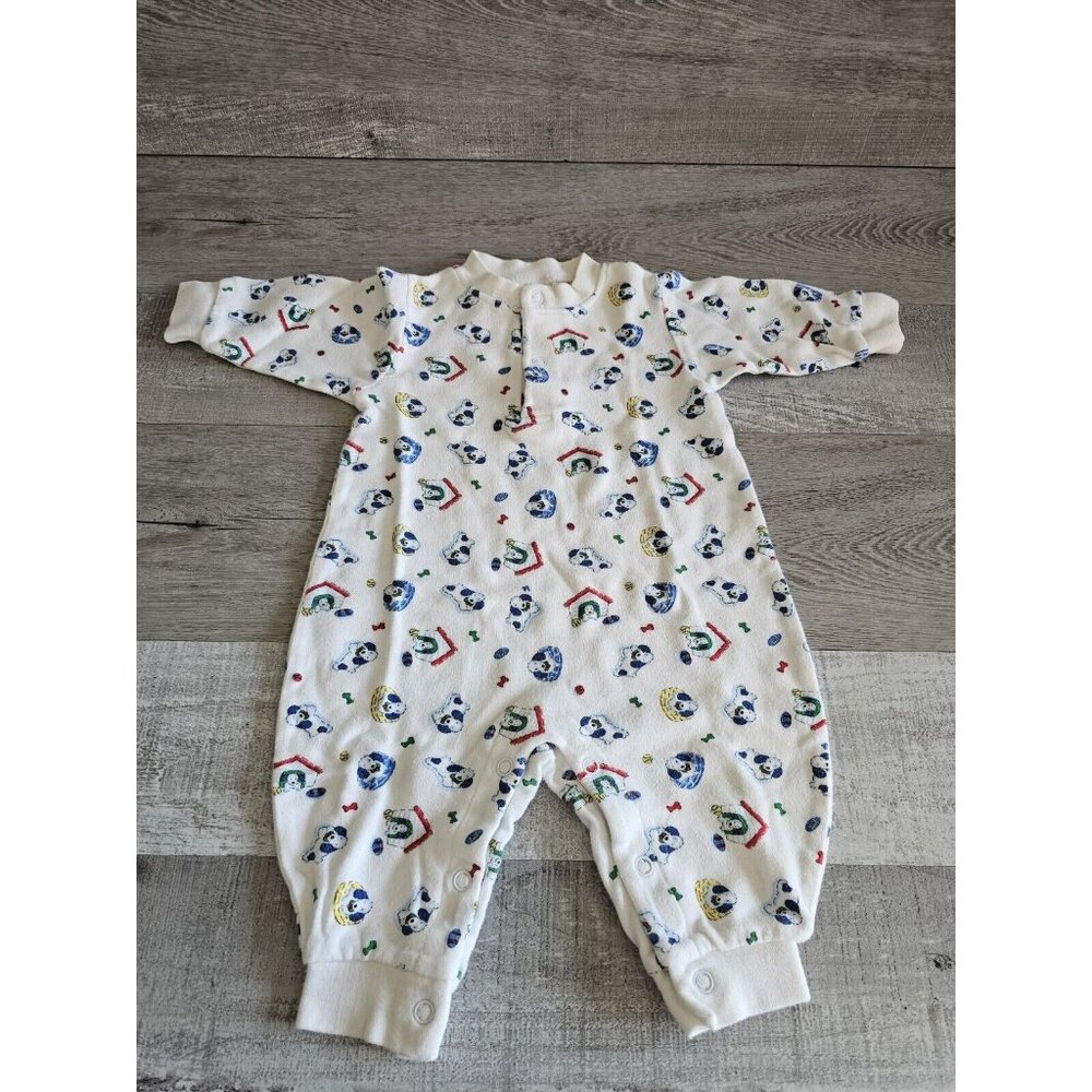 Vintage Sears Good News Romper Sleeper 3-6 Mo Blue Red Puppies Design 1980s